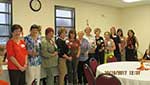 Linda Sharp on left and President Yvonne Perret on far right Welcome New Members at October 2017 Meeting